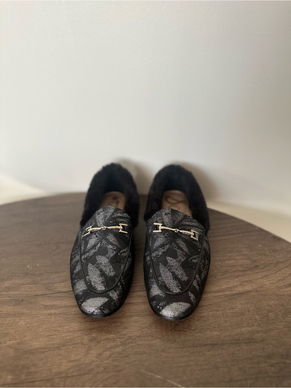 Sam Edelman Black and Silver Patterned Loafers with Gold Bit